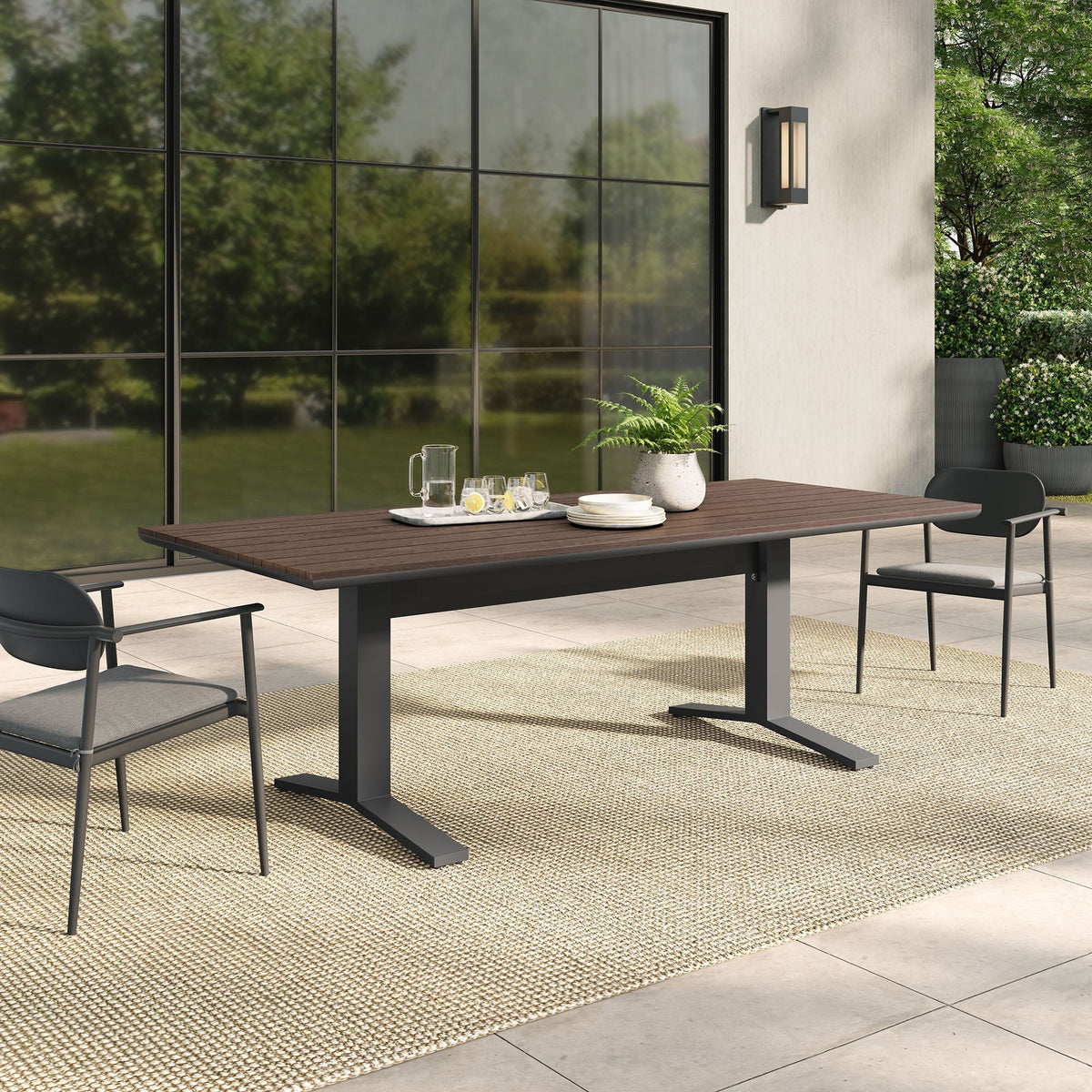 Gavelston 91" Outdoor Aluminum Dining Table — Slatted Faux Wood Top & T‑Base