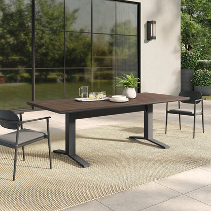 Gavelston 91" Outdoor Aluminum Dining Table — Slatted Faux Wood Top & T‑Base