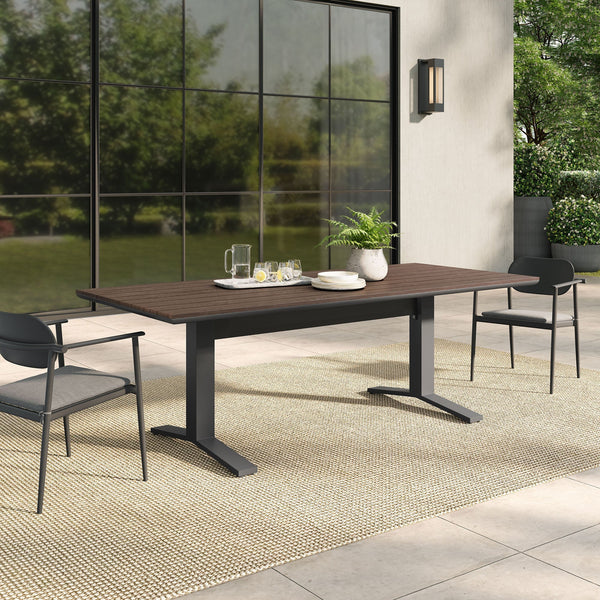 Gavelston 91" Outdoor Aluminum Dining Table — Slatted Faux Wood Top & T‑Base