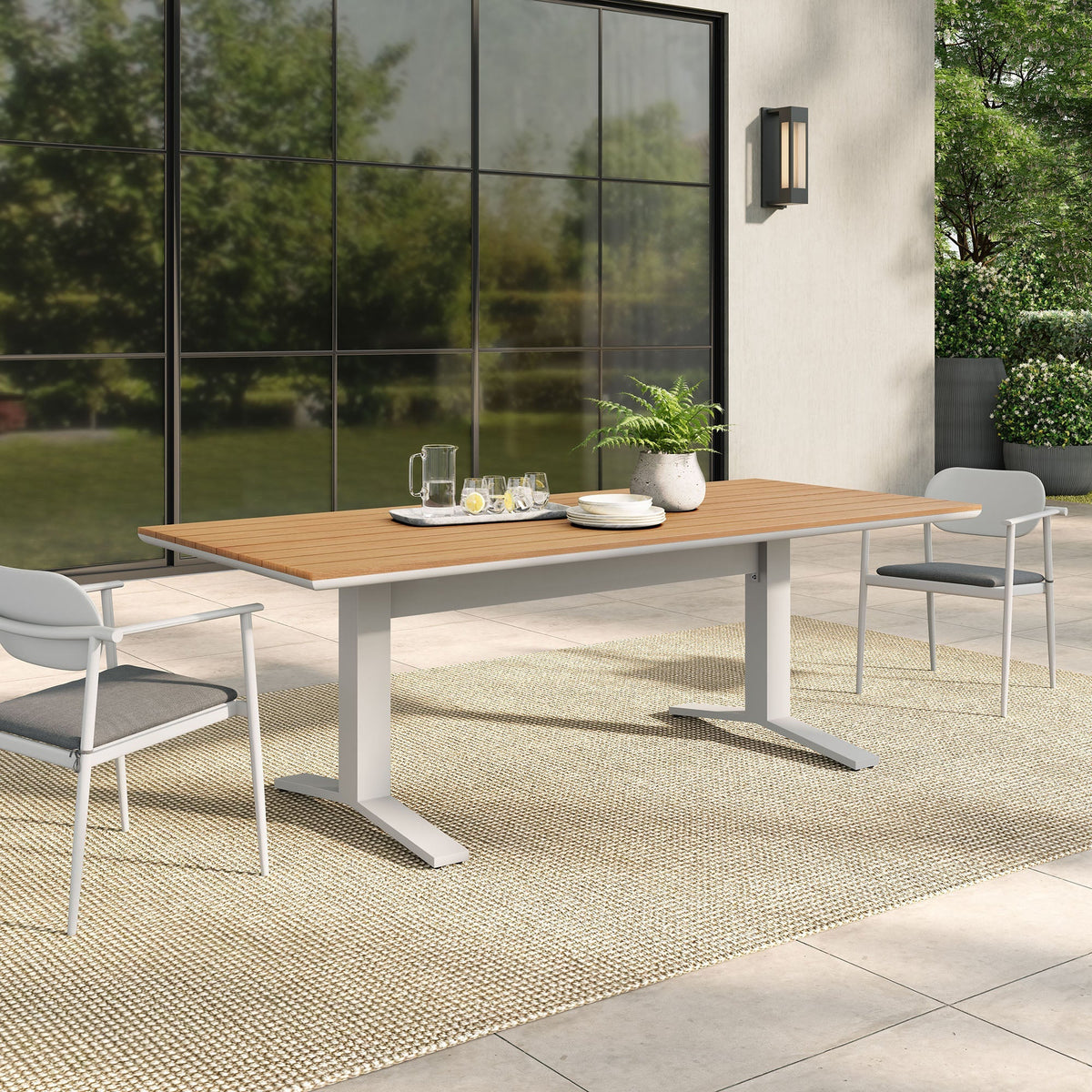 Gavelston 91" Outdoor Aluminum Dining Table — Slatted Faux Wood Top & T‑Base