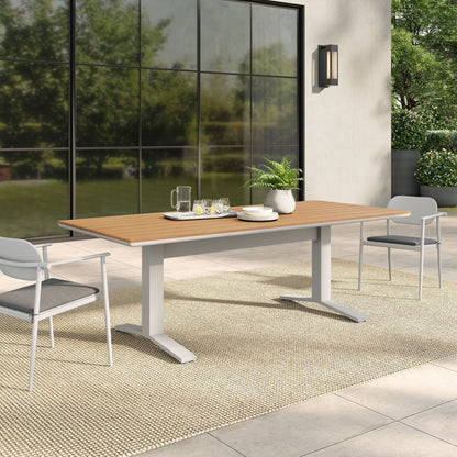 Gavelston 91" Outdoor Aluminum Dining Table — Slatted Faux Wood Top & T‑Base