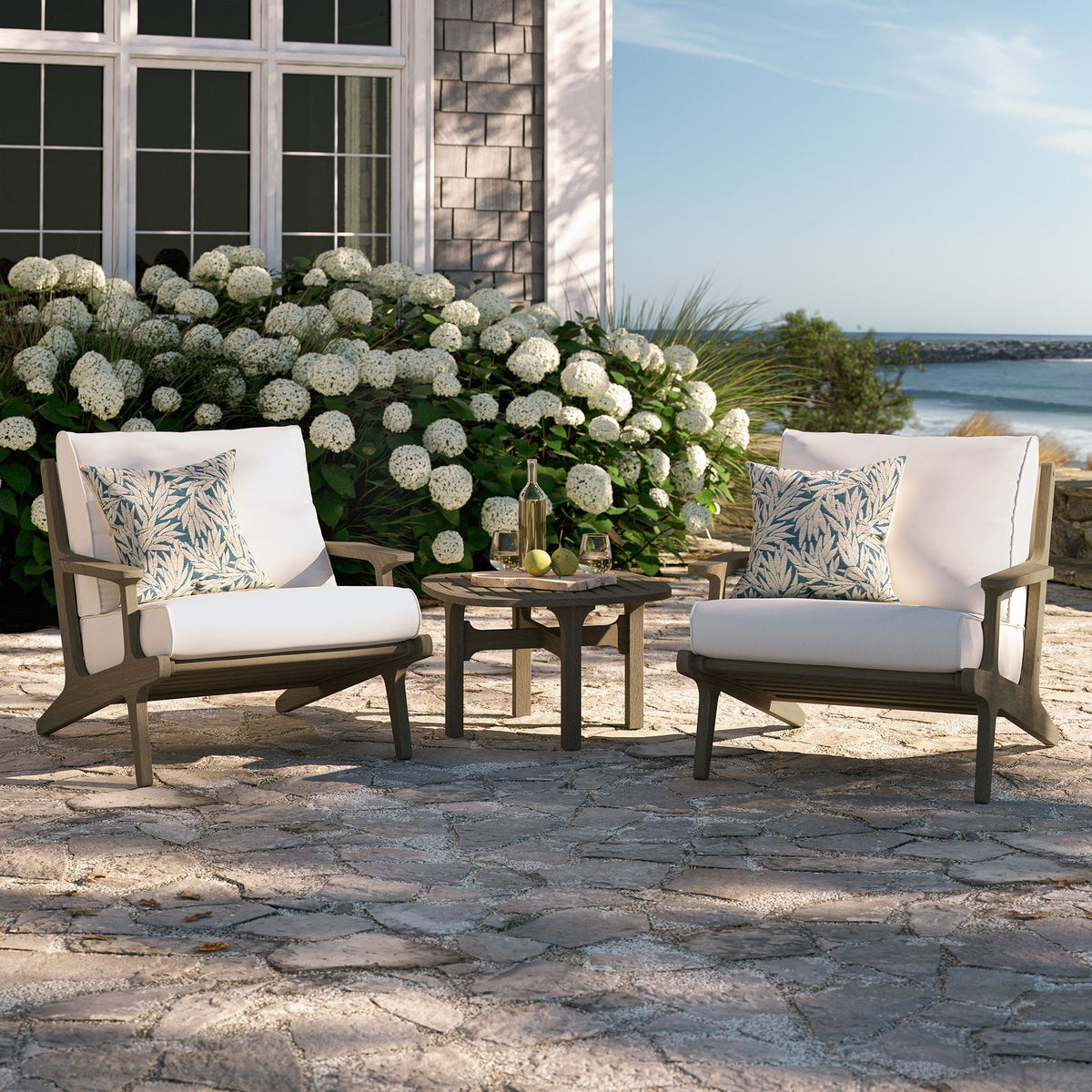 Saratoga 3‑Piece Teak Wood Outdoor Patio Furniture Set with Cushions – Weathered Gray White