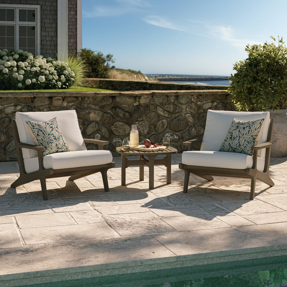 Saratoga 3‑Piece Teak Wood Outdoor Patio Furniture Set with Cushions – Weathered Gray White