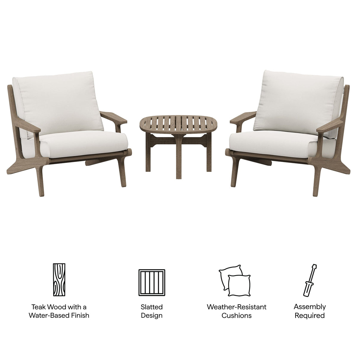 Saratoga 3‑Piece Teak Wood Outdoor Patio Furniture Set with Cushions – Weathered Gray White