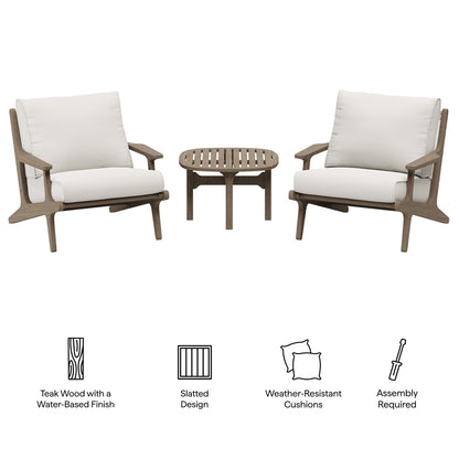 Saratoga 3‑Piece Teak Wood Outdoor Patio Furniture Set with Cushions – Weathered Gray White