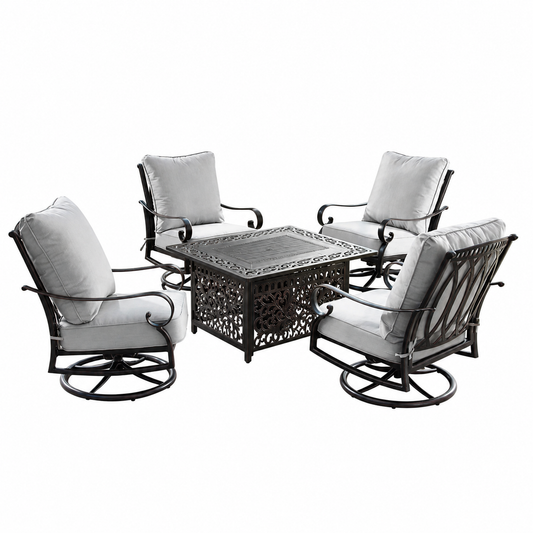 5-Piece Outdoor Aluminum Fire Table Set with 4 Swivel Rocking Chairs -Grey