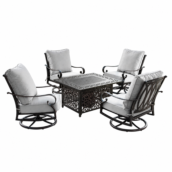 48" Aluminum Rectangular Fire Table Set – Outdoor Fire Table with 4 Deep Seating Swivel Rocking Chairs