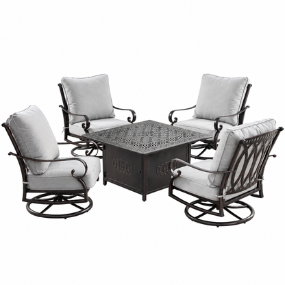 Aluminum 42-in Square Patio Fire Table Set with Swivel Rocking Chairs