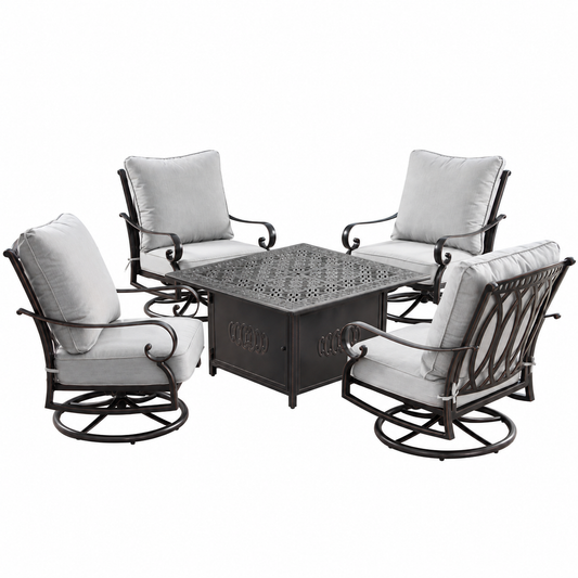 5-Piece Outdoor Aluminum Fire Pit Conversation Set with 4 Swivel Rocking Chairs