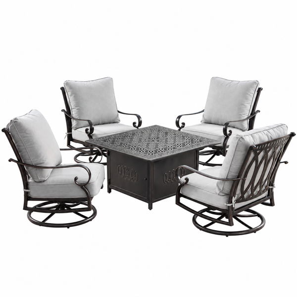 Aluminum 42-in Square Patio Fire Table Set with Swivel Rocking Chairs