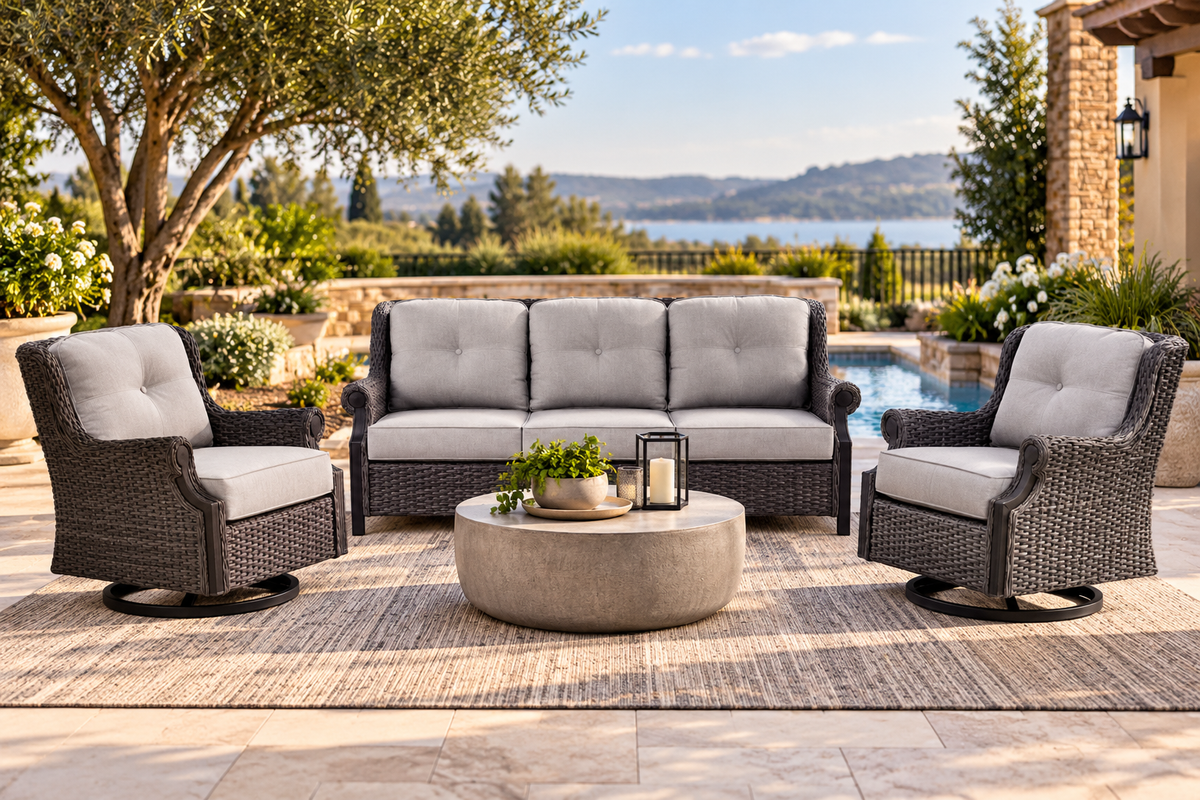 Lassen wicker living room set: 1 three-seater sofa and 2 swivel rocking chairs