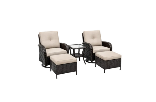Joyside 5-Piece Outdoor Wicker Patio Set – 360° Swivel Glider Chairs with Beige Cushions