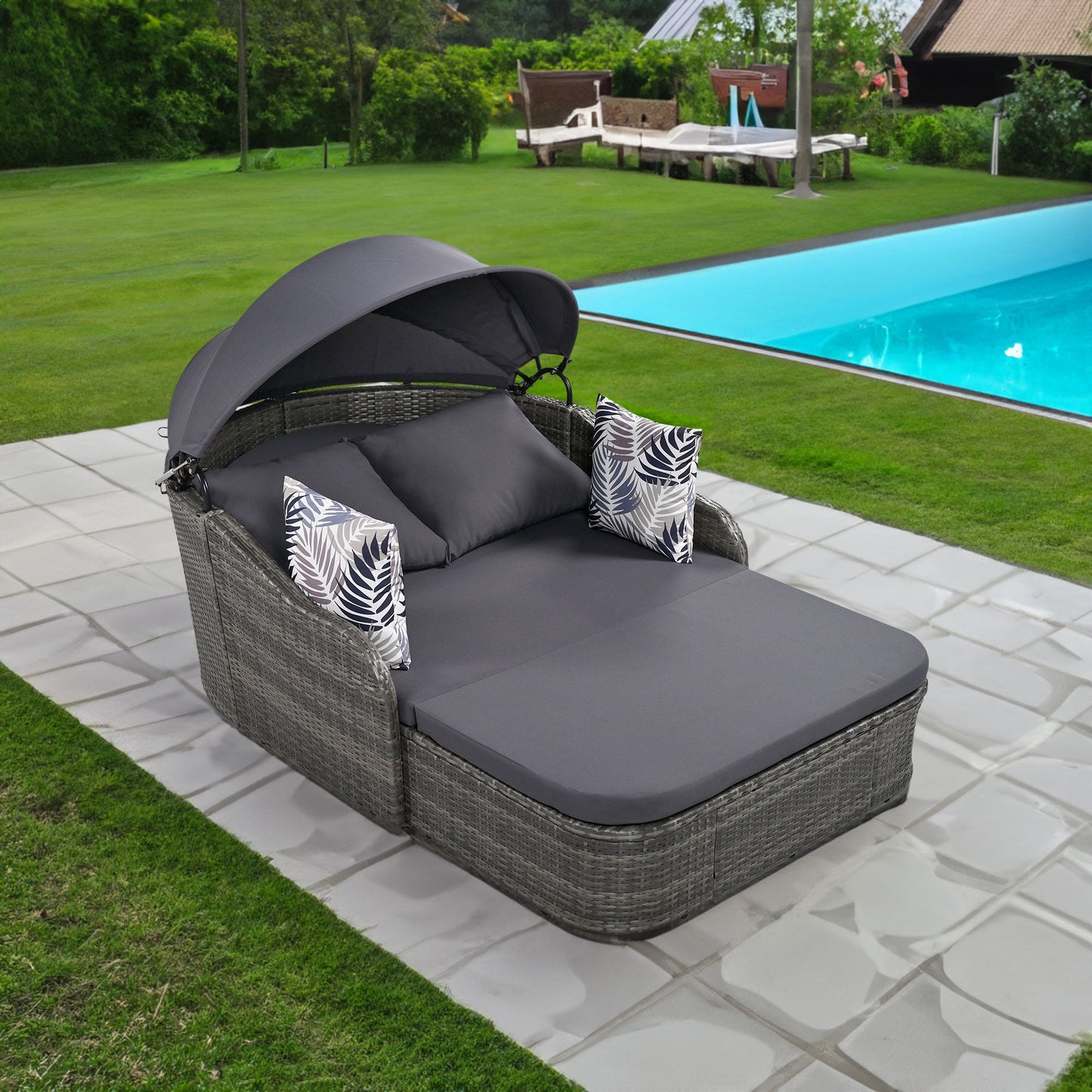 Outdoor Sunbed with Adjustable Canopy PE Rattan Daybed