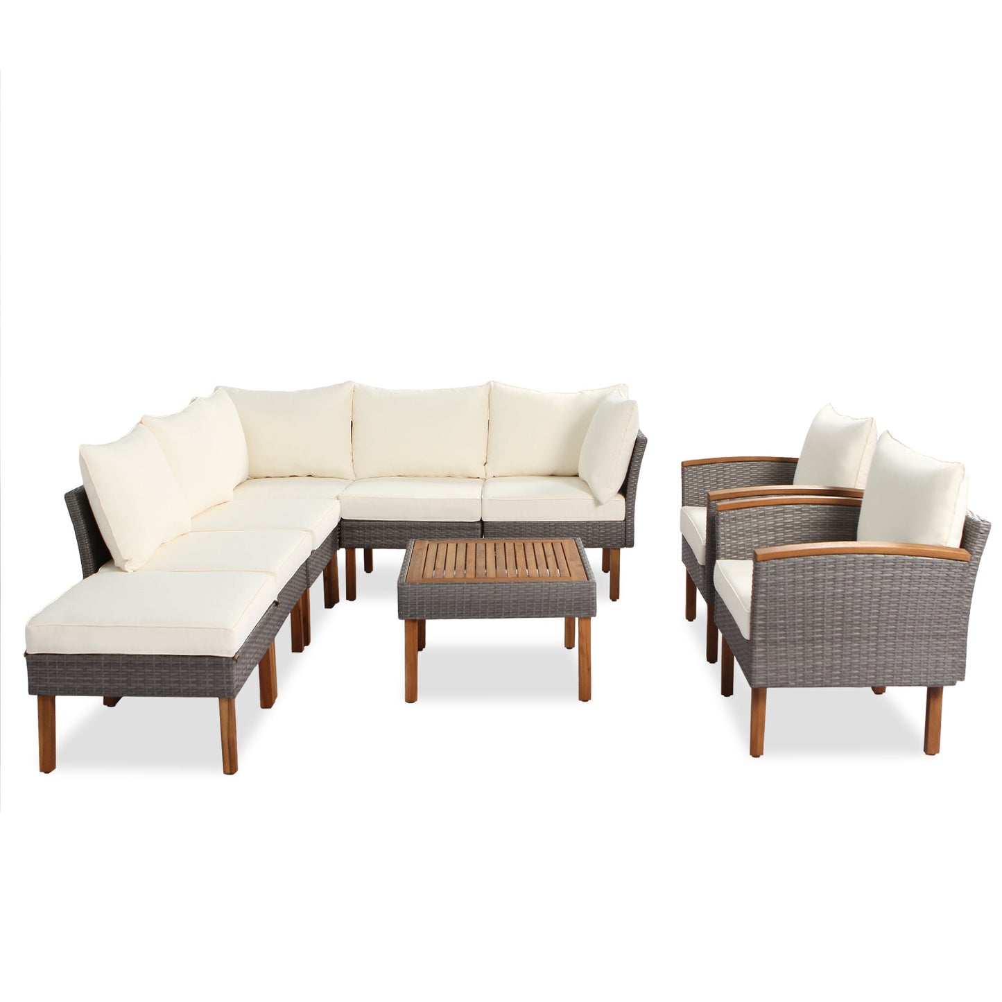 9-piece Patio rattan furniture set with Acacia wooden legs and tabletop sofa set