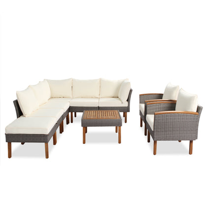 9-piece Patio rattan furniture set with Acacia wooden legs and tabletop sofa set
