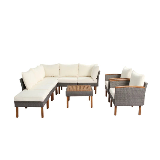 Rattan Patio Sofa Set with Acacia Wood Legs & Tabletop — 9‑Piece