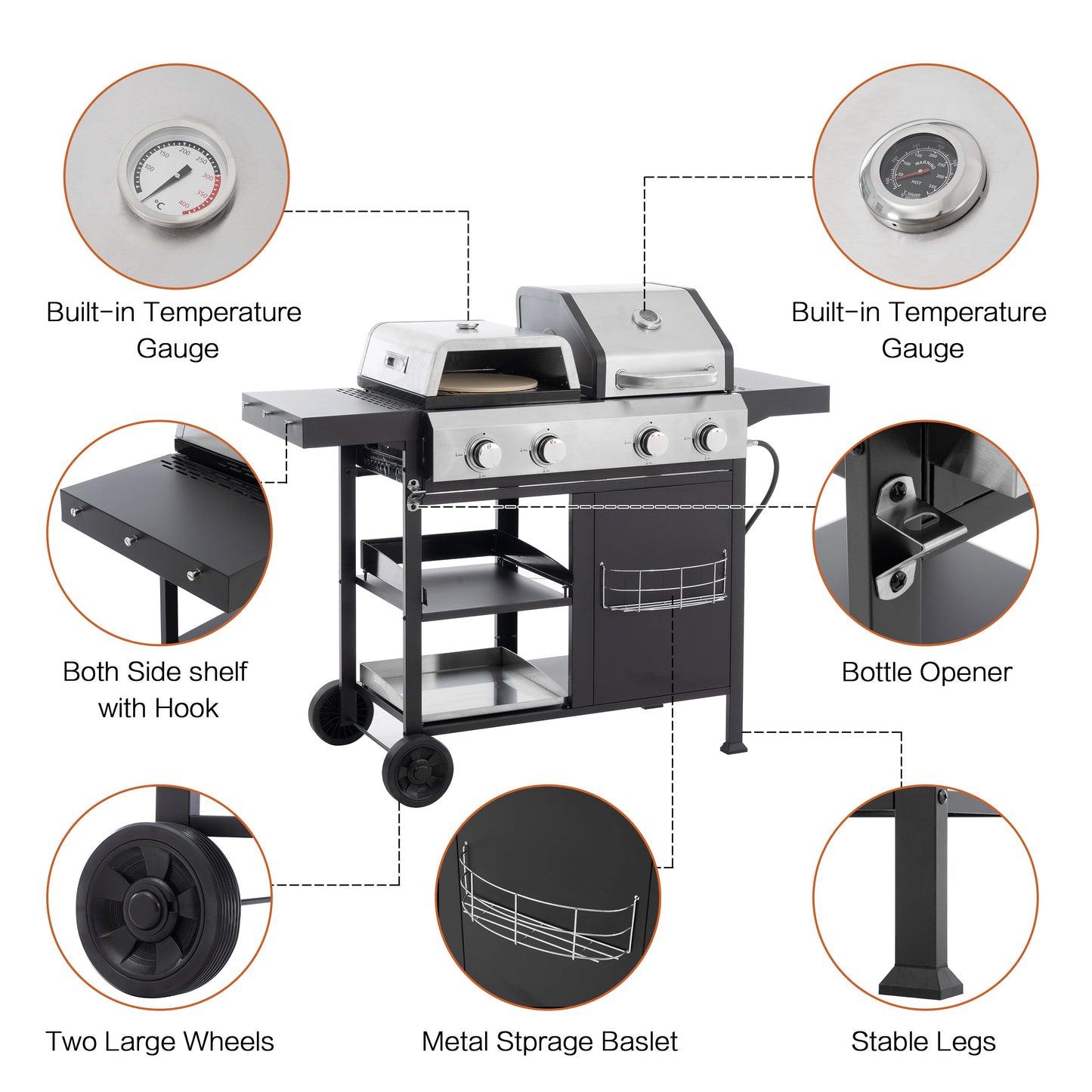 2+2 multifunctional gas barbecue grill and covered grill combination for outdoor cooking