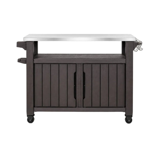 Outdoor Grill Party Caster Bar Serving Cart – Dark Brown Stainless Steel Top 48.7"
