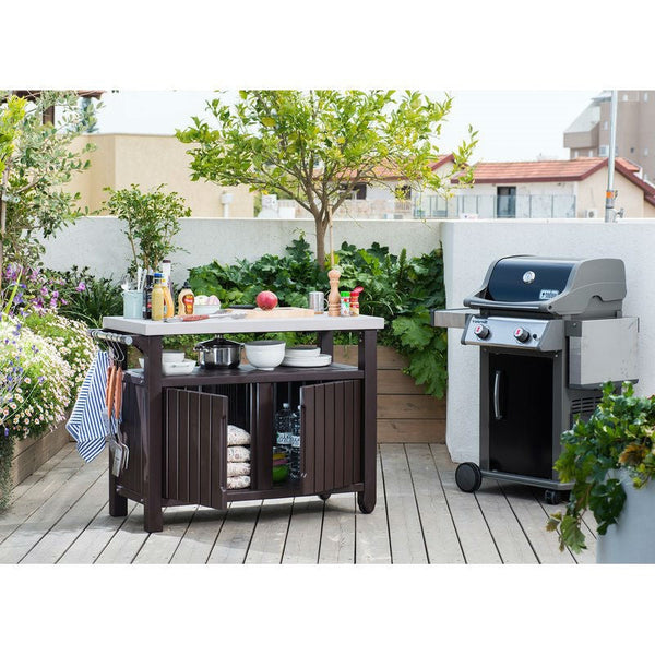 Outdoor Grill Party Caster Bar Serving Cart – Dark Brown Stainless Steel Top (48.7")