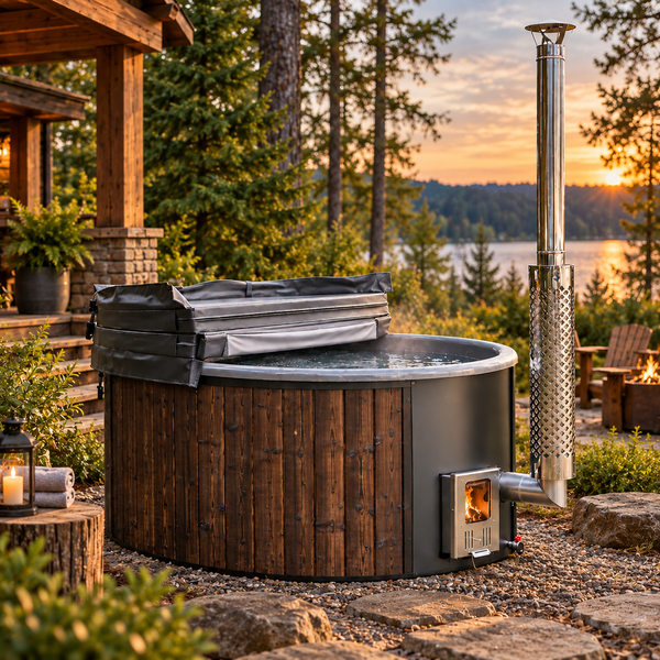 4‑Person Wood‑Fired Hot Tub – ThermoWood® Exterior, Fiberglass Insert & Fast 90‑Minute Heating