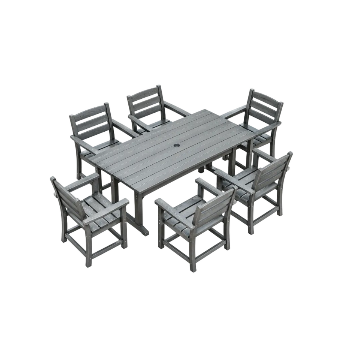 7-Piece HDPE Outdoor Dining Set – All-Weather Patio Table & 6 Chairs with Umbrella Hole – Gray