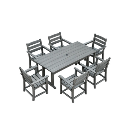 7-Piece HDPE Outdoor Dining Set – All-Weather Patio Table & 6 Chairs with Umbrella Hole – Gray