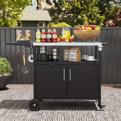 Outdoor Grill Cart with Storage and Folding Stainless Steel Top – Black