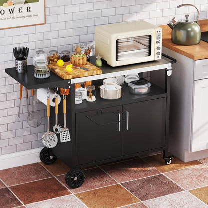 Outdoor Grill Cart with Storage and Folding Stainless Steel Top – Black
