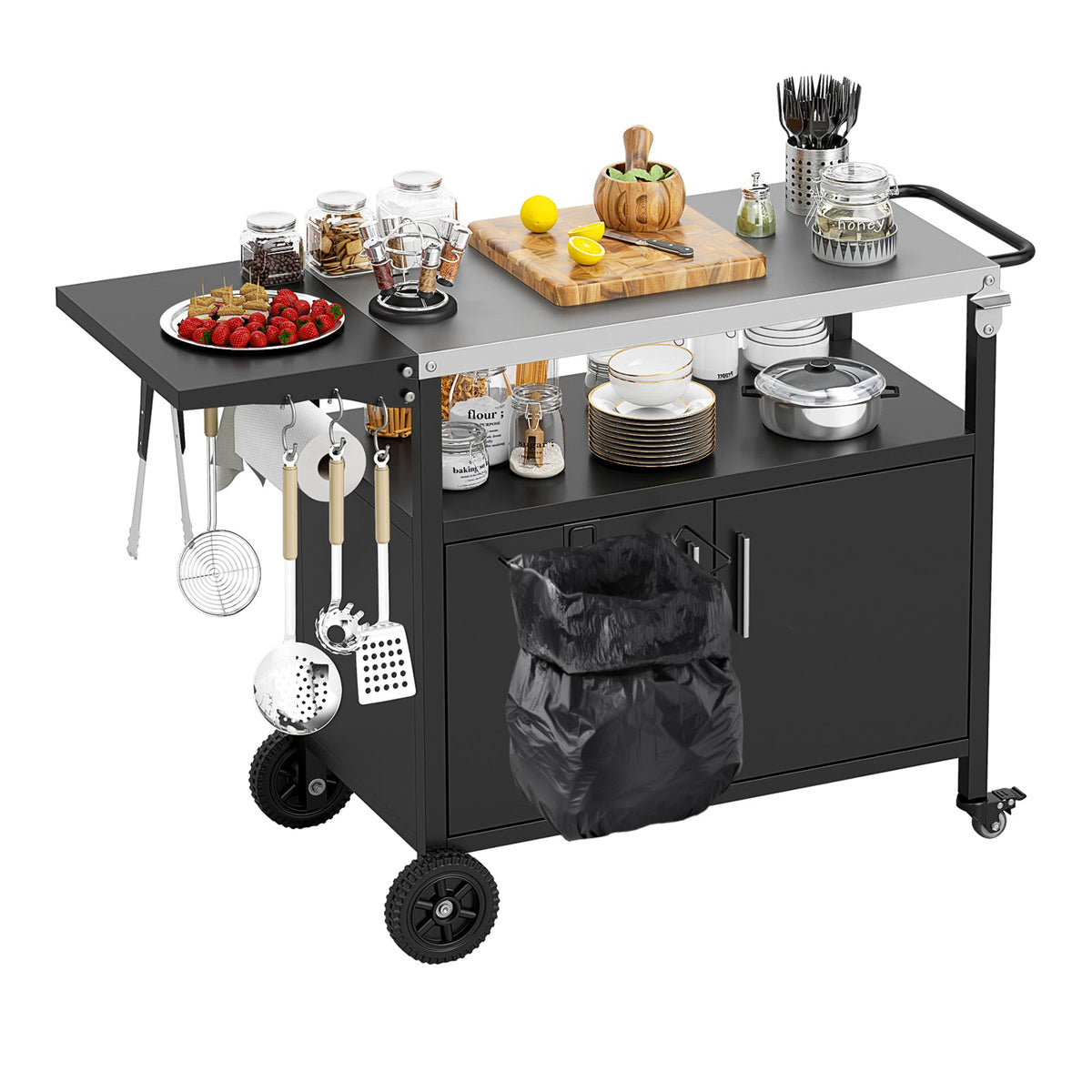 Outdoor Grill Cart with Storage and Folding Stainless Steel Top – Black