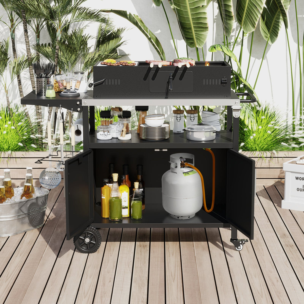 Outdoor Grill Cart with Storage and Folding Stainless Steel Top – Black