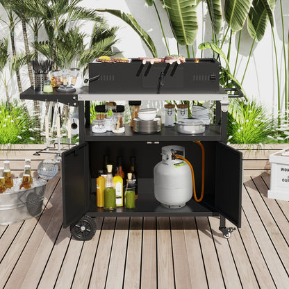 Outdoor Grill Cart with Storage and Folding Stainless Steel Top – Black