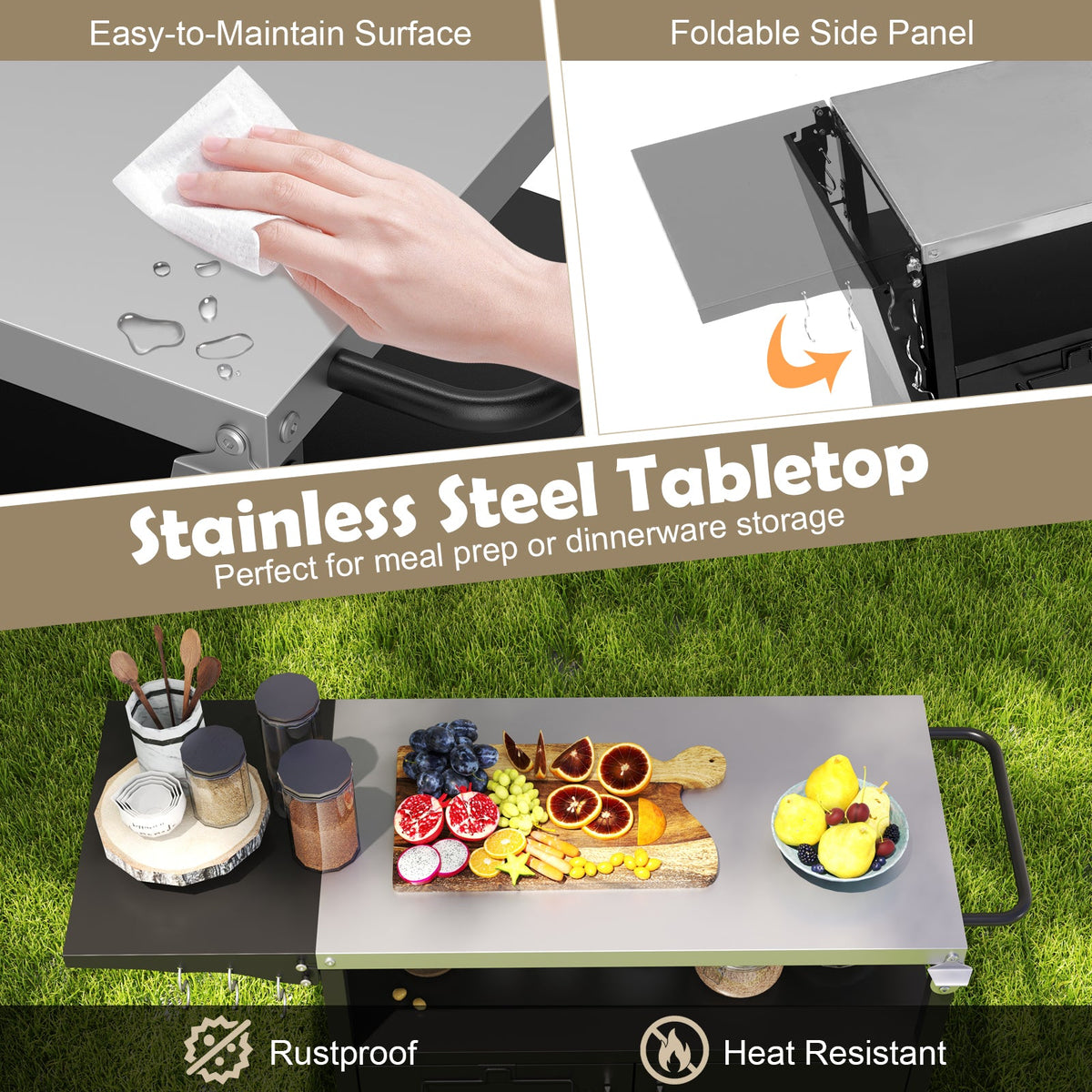 Outdoor Grill Cart with Storage and Folding Stainless Steel Top – Black