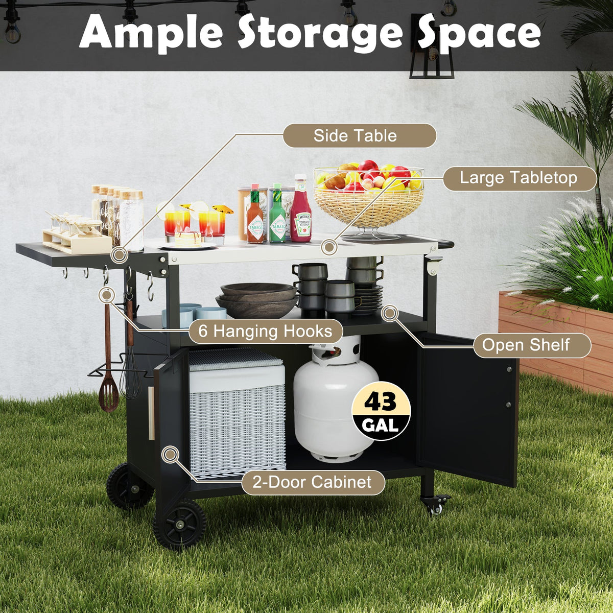 Outdoor Grill Cart with Storage and Folding Stainless Steel Top – Black