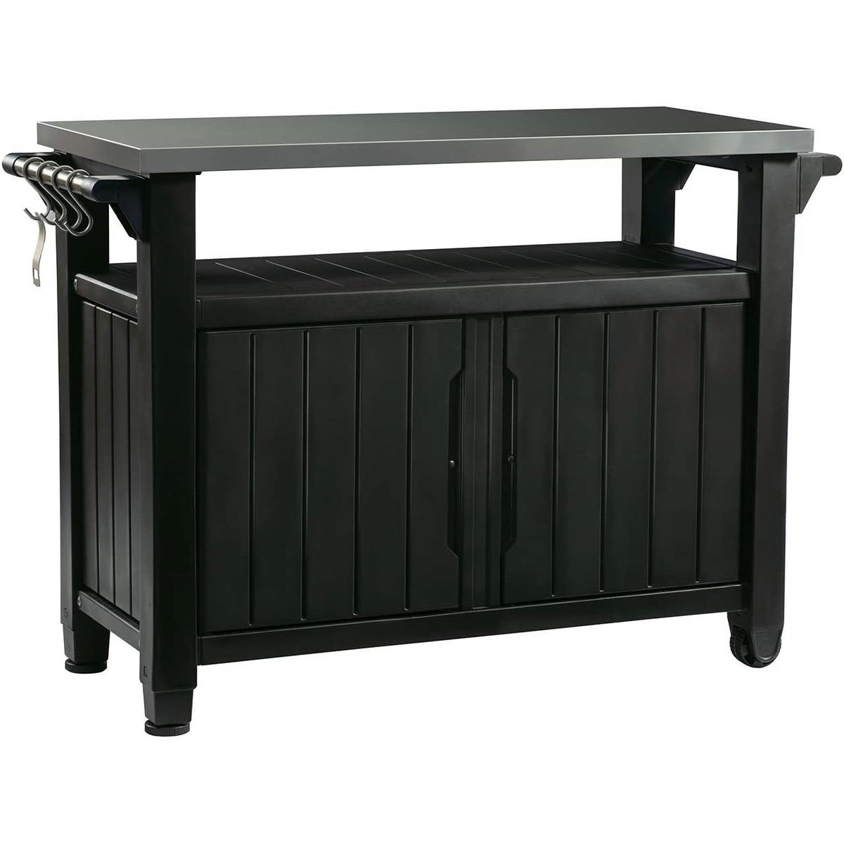 Outdoor Bar & Serving Cart – Graphite Grey with Stainless Steel Top, Storage Cabinet & Wheels 48.7"