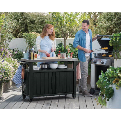 Outdoor Bar & Serving Cart – Graphite Grey with Stainless Steel Top, Storage Cabinet & Wheels 48.7"