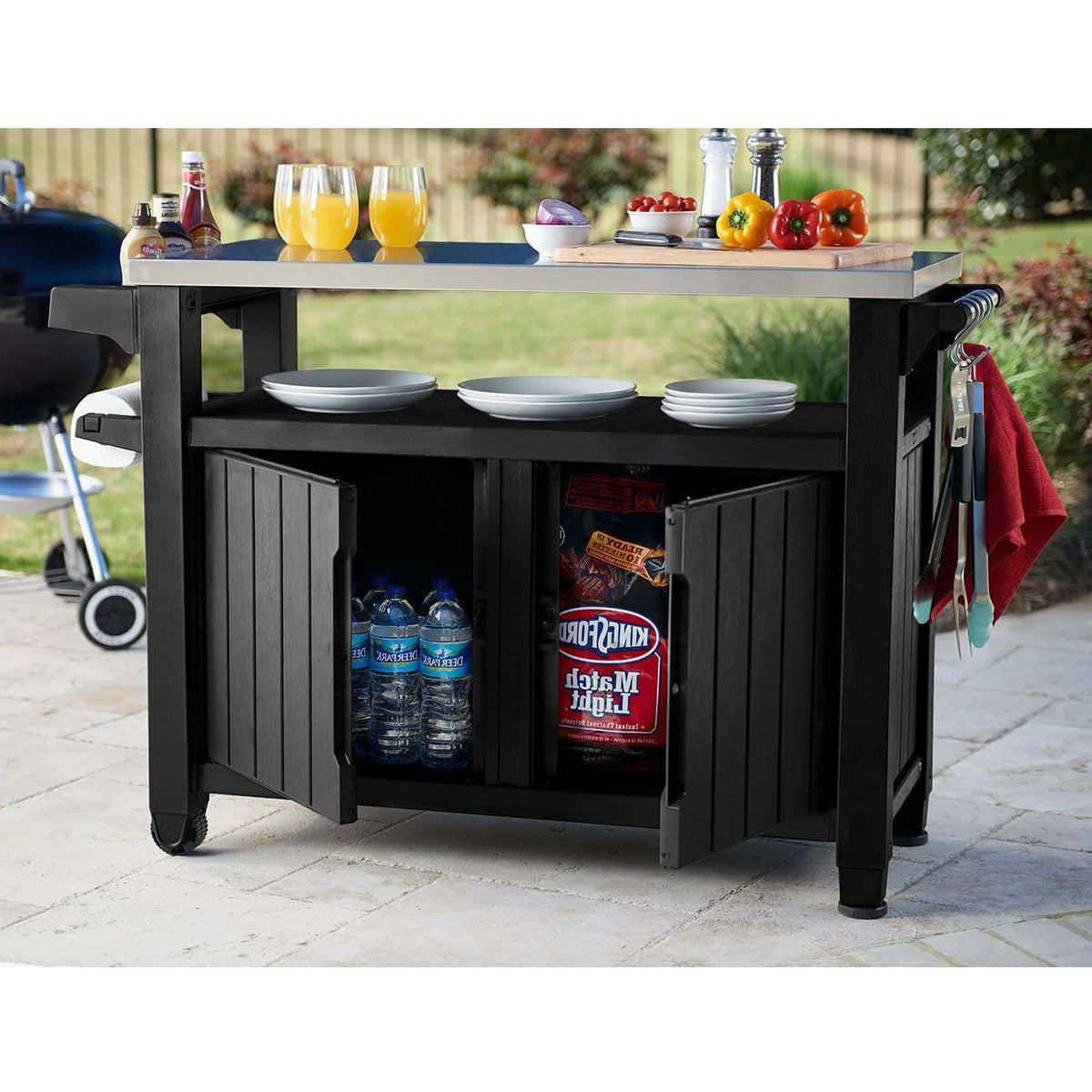 Outdoor Bar & Serving Cart – Graphite Grey with Stainless Steel Top, Storage Cabinet & Wheels 48.7"