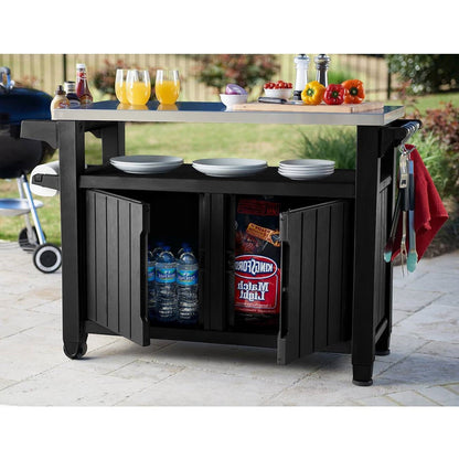 Outdoor Bar & Serving Cart – Graphite Grey with Stainless Steel Top, Storage Cabinet & Wheels 48.7"