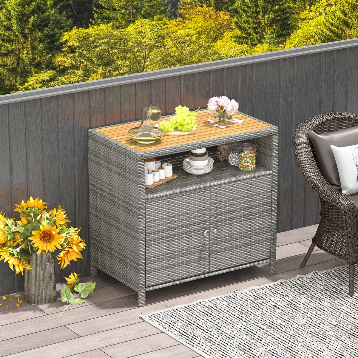 Outdoor PE Rattan Storage Cabinet – Acacia Wood Top, Weather‑Resistant Design with Magnetic Doors