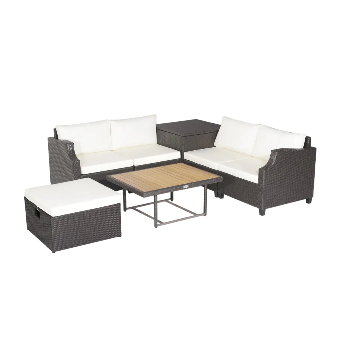 7 Pieces Hand-Woven Wicker Outdoor Furniture Set with Acacia Wood Coffee Table-White