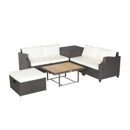7 Pieces Hand-Woven Wicker Outdoor Furniture Set with Acacia Wood Coffee Table-White