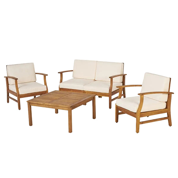 Permaisuri 4‑Piece Teak Acacia Wood Outdoor Chat Set with Cream Cushions