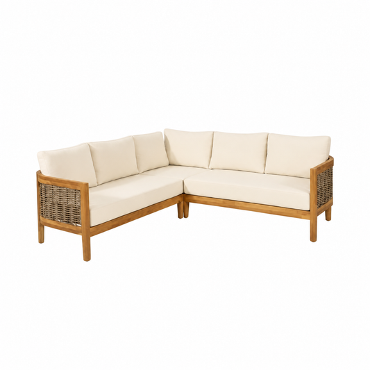 Acacia Wood & Wicker 5‑Seater Patio Sofa Set – Beige Cushions