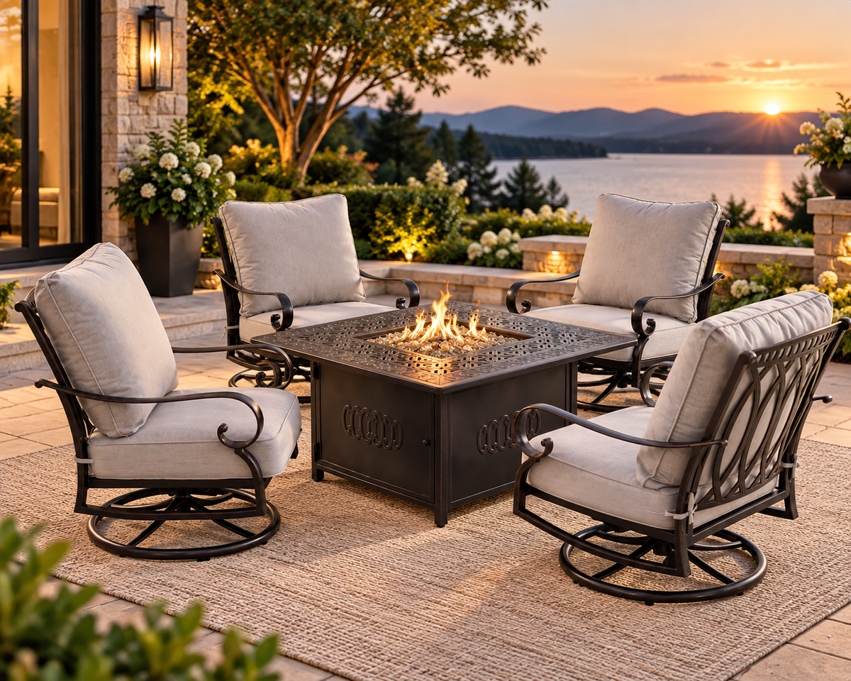 Aluminum 42-in Square Patio Fire Table Set with Swivel Rocking Chairs