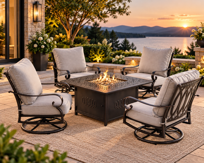 Aluminum 42-in Square Patio Fire Table Set with Swivel Rocking Chairs