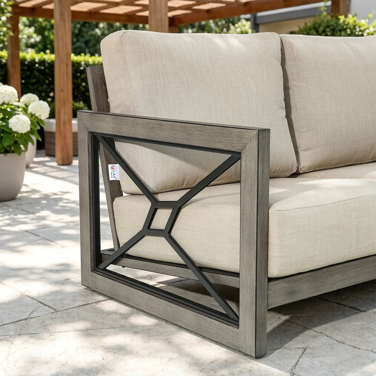 Marindo 8-Person Faux-Wood Aluminum Patio Outdoor Salon with Fire Pit Table