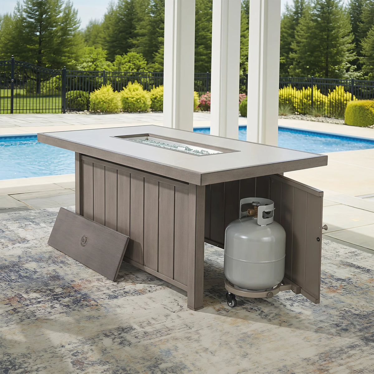 Marindo 56.5" Wood‑Grain Aluminum Propane Fire Pit Table – 50,000 BTU Dual‑Purpose Dining & Fire Feature