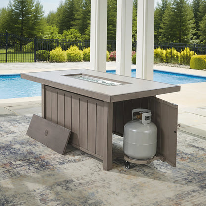 Marindo 56.5" Wood‑Grain Aluminum Propane Fire Pit Table – 50,000 BTU Dual‑Purpose Dining & Fire Feature