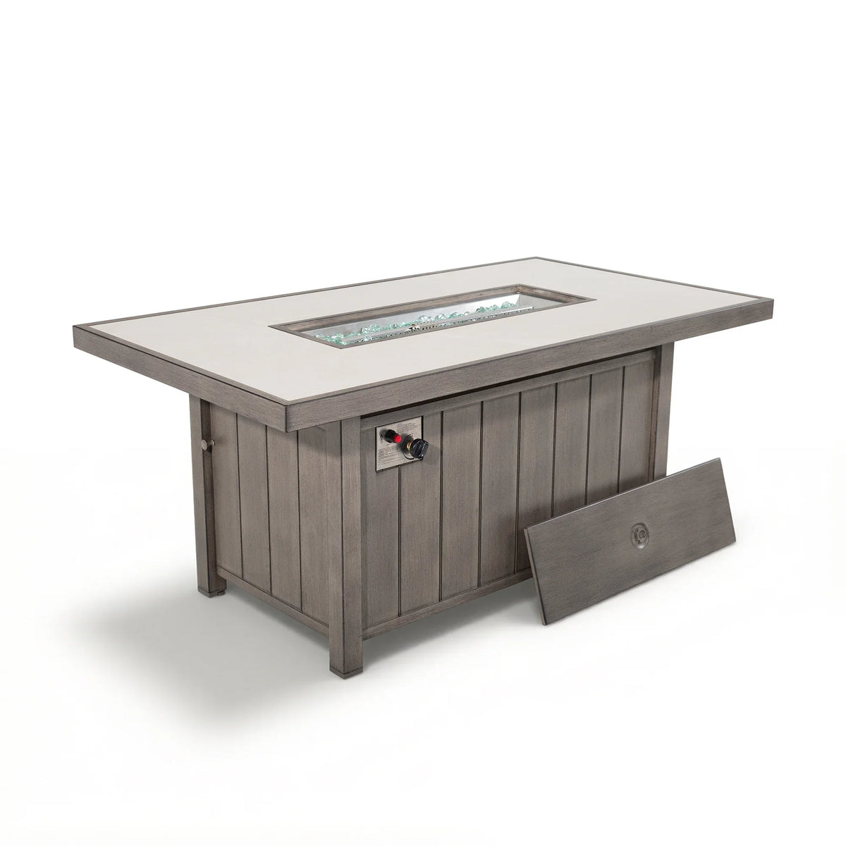 Marindo 56.5" Wood‑Grain Aluminum Propane Fire Pit Table – 50,000 BTU Dual‑Purpose Dining & Fire Feature