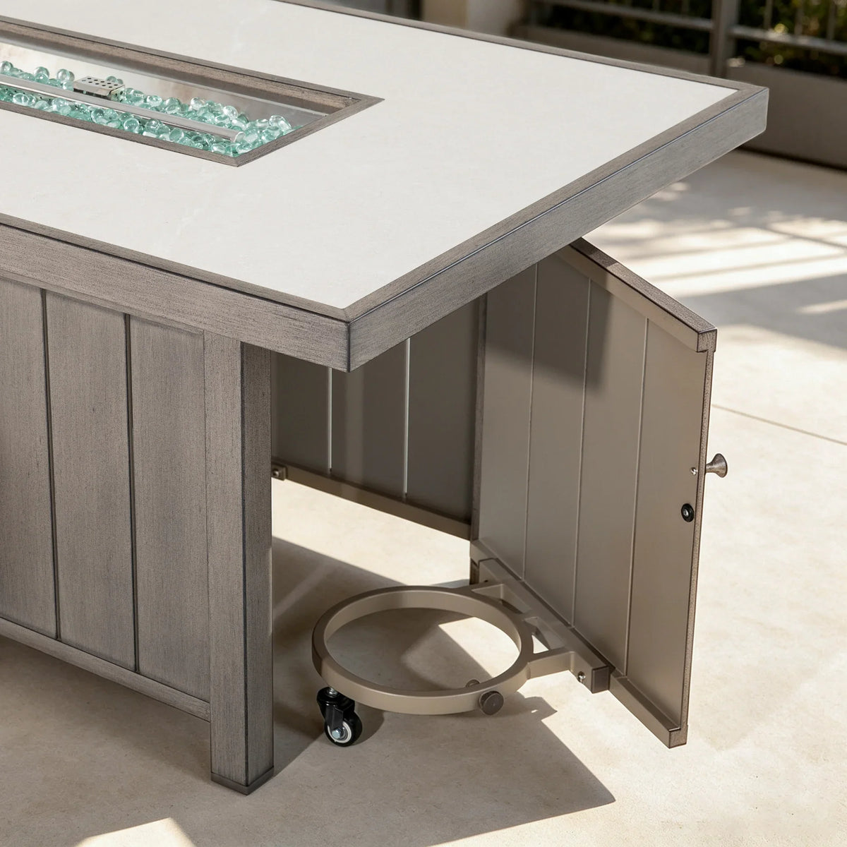 Marindo 56.5" Wood‑Grain Aluminum Propane Fire Pit Table – 50,000 BTU Dual‑Purpose Dining & Fire Feature
