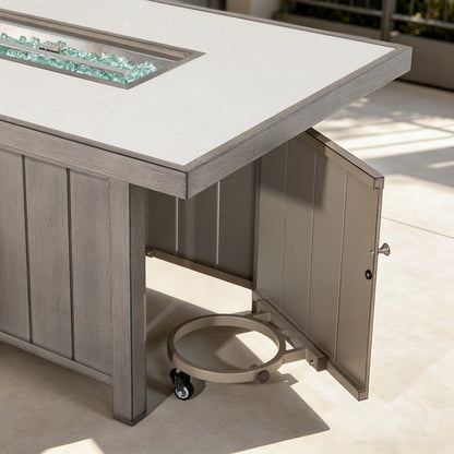 Marindo 56.5" Wood‑Grain Aluminum Propane Fire Pit Table – 50,000 BTU Dual‑Purpose Dining & Fire Feature